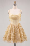 Sparkly Floral Yellow Corset Cold Shoulder Short Cocktail Dress