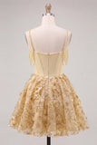 Sparkly Floral Yellow Corset Cold Shoulder Short Cocktail Dress