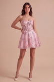 Pink Floral Sparkly Corset Strapless Short Cocktail Dress