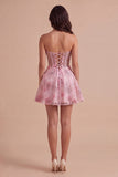 Pink Floral Sparkly Corset Strapless Short Cocktail Dress