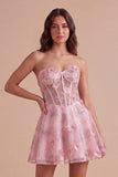 Pink Floral Sparkly Corset Strapless Short Cocktail Dress
