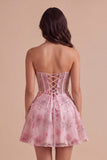 Pink Floral Sparkly Corset Strapless Short Cocktail Dress