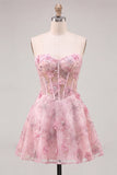 Pink Floral Sparkly Corset Strapless Short Cocktail Dress