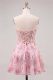 Pink Floral Sparkly Corset Strapless Short Cocktail Dress