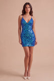 Sparkly Sequin Dark Blue Spaghetti Straps Short Cocktail Dress