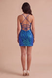 Sparkly Sequin Dark Blue Spaghetti Straps Short Cocktail Dress