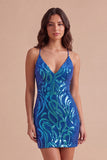 Sparkly Sequin Dark Blue Spaghetti Straps Short Cocktail Dress