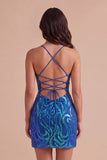 Sparkly Sequin Dark Blue Spaghetti Straps Short Cocktail Dress