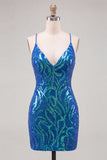 Sparkly Sequin Dark Blue Spaghetti Straps Short Cocktail Dress