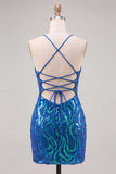 Sparkly Sequin Dark Blue Spaghetti Straps Short Cocktail Dress