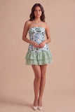 Light Green Floral Sparkly Sequin Ruffled Short Cocktail Dress