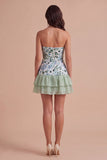 Light Green Floral Sparkly Sequin Ruffled Short Cocktail Dress