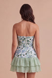 Light Green Floral Sparkly Sequin Ruffled Short Cocktail Dress