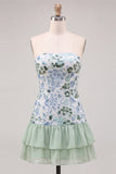 Light Green Floral Sparkly Sequin Ruffled Short Cocktail Dress