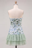 Light Green Floral Sparkly Sequin Ruffled Short Cocktail Dress