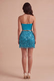 Sparkly Blue 2 Piece Sequin Fringed Short Cocktail Dress