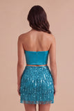 Sparkly Blue 2 Piece Sequin Fringed Short Cocktail Dress