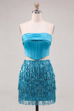 Sparkly Blue 2 Piece Sequin Fringed Short Cocktail Dress