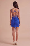 Royal Blue Sparkly Beaded Crossed Straps Short Cocktail Dress