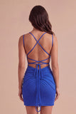 Royal Blue Sparkly Beaded Crossed Straps Short Cocktail Dress