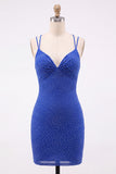 Royal Blue Sparkly Beaded Crossed Straps Short Cocktail Dress