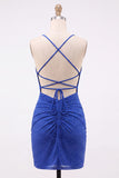 Royal Blue Sparkly Beaded Crossed Straps Short Cocktail Dress