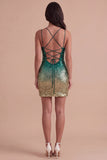 Sparkly Green and Gold Sequin Spaghetti Straps Short Cocktail Dress