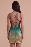 Sparkly Green and Gold Sequin Spaghetti Straps Short Cocktail Dress