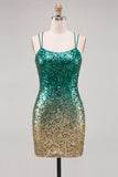 Sparkly Green and Gold Sequin Spaghetti Straps Short Cocktail Dress