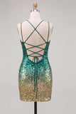 Sparkly Green and Gold Sequin Spaghetti Straps Short Cocktail Dress