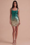 Green and Gold Sparkly Sequin Short Cocktail Dress with Slit