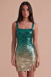Green and Gold Sparkly Sequin Short Cocktail Dress with Slit