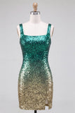 Green and Gold Sparkly Sequin Short Cocktail Dress with Slit