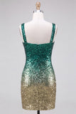 Green and Gold Sparkly Sequin Short Cocktail Dress with Slit