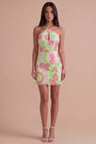Sparkly Pink and Green Floral Halter Short Cocktail Dress