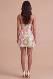 Sparkly Pink and Green Floral Halter Short Cocktail Dress