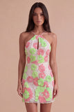 Sparkly Pink and Green Floral Halter Short Cocktail Dress