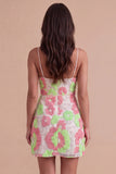 Sparkly Pink and Green Floral Halter Short Cocktail Dress