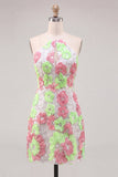 Sparkly Pink and Green Floral Halter Short Cocktail Dress