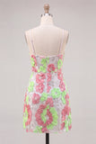 Sparkly Pink and Green Floral Halter Short Cocktail Dress