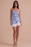 Blue Sparkly Sequin Ruffled Strapless Short Cocktail Dress