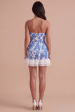 Blue Sparkly Sequin Ruffled Strapless Short Cocktail Dress