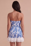 Blue Sparkly Sequin Ruffled Strapless Short Cocktail Dress