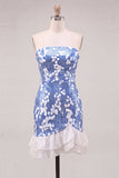 Blue Sparkly Sequin Ruffled Strapless Short Cocktail Dress