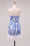 Blue Sparkly Sequin Ruffled Strapless Short Cocktail Dress