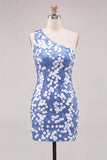Sparkly Sequin Blue One Shoulder Short Cocktail Dress