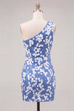 Sparkly Sequin Blue One Shoulder Short Cocktail Dress