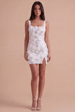 Ivory Sparkly Floral Sequin Short Cocktail Dress with Slit