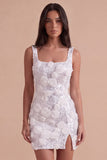 Ivory Sparkly Floral Sequin Short Cocktail Dress with Slit