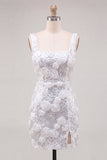 Ivory Sparkly Floral Sequin Short Cocktail Dress with Slit